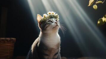 A cat wearing a flower crown sits in the sun photo