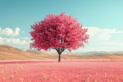 A pink tree stands alone in a field photo