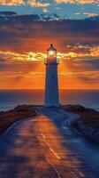 A road leading to a lighthouse at sunset photo