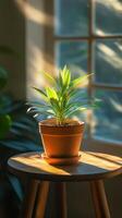 A small plant sitting on a table in front of a window photo