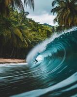 A surfer riding a wave in the ocean photo