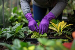A woman wearing purple gloves is tending to plants photo