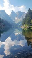 A lake surrounded by mountains and trees photo