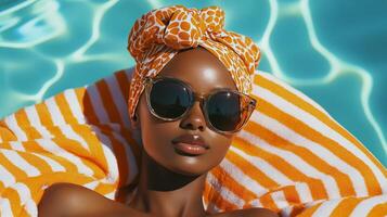 A woman wearing sunglasses and a towel in the pool photo