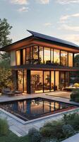 A modern home with a pool and a glass wall photo