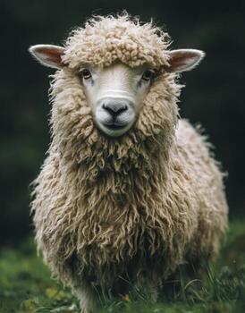 un oveja con un largo, mullido Saco en pie en un campo foto