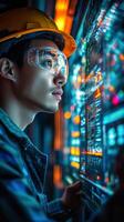 A man in a hard hat and glasses looking at a computer screen photo