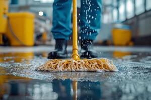 A person is cleaning a floor with a mop photo