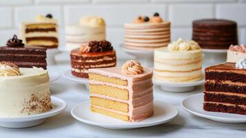 A variety of cakes are on white plates photo