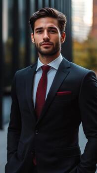 A man in a suit and tie standing outside photo