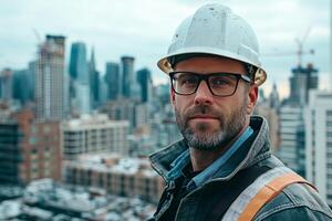 A man in a hard hat and glasses standing in front of a city skyline photo
