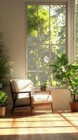 A room with a chair and potted plants photo