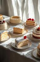 A table with many different cakes on it photo