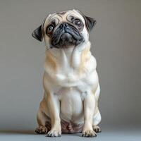 A pug dog sitting on a gray background photo