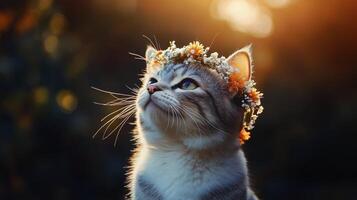 A cat wearing a flower crown looking up at the sun photo