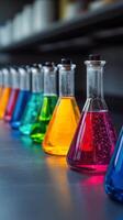 Colorful liquid in laboratory flasks photo