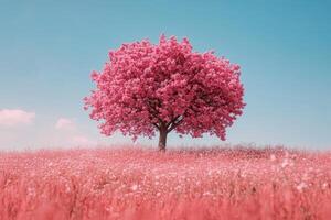 A pink tree stands alone in a field of flowers photo