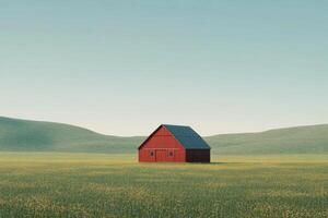 A red barn in a field with hills in the background photo