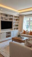 A living room with white furniture and a television photo
