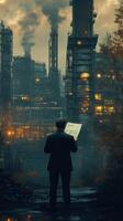 A man in a suit is standing in front of a factory photo