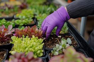 A person wearing purple gloves is picking out plants in a greenhouse photo