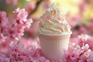 An ice cream cup with whipped cream and pink flowers photo