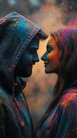 Couple with holi powder on their face photo