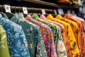 Colorful hawaiian shirts on a rack photo