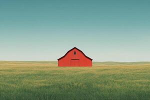 A red barn in a field with a blue sky photo