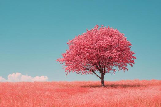 A pink tree in a field with a blue sky photo
