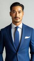 A man in a blue suit and tie photo