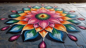 A colorful flower is painted on the ground photo