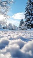 A snowy street with trees and snow photo