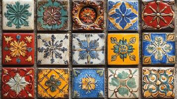 Colorful tile wall with decorative designs photo