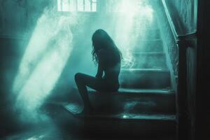 A woman sitting on the stairs in a foggy room photo