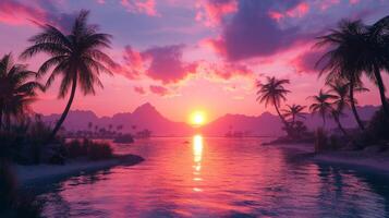 Sunset on the beach with palm trees photo