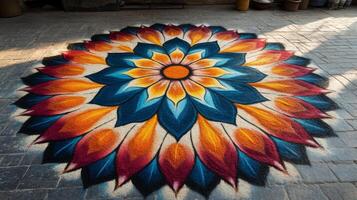 A colorful flower is painted on the ground photo