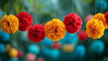 Colorful paper flowers hanging from strings photo