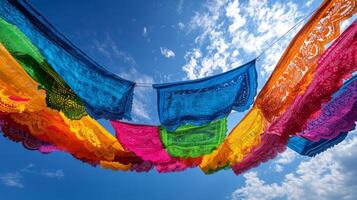 A colorful cloth hanging from a line photo
