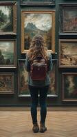 A woman with a backpack looking at paintings in an art gallery photo
