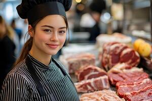 A woman in a chef hat standing in front of meat photo