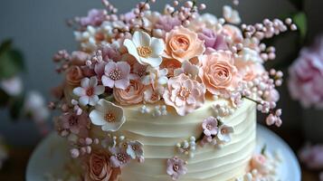 A white cake with pink and white flowers on top photo