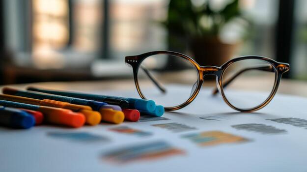 Glasses and markers on a table with a window photo