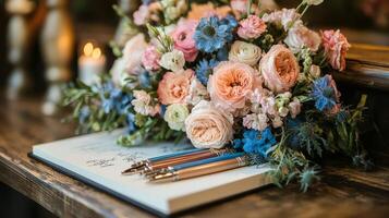 Wedding flowers and pens on a table photo