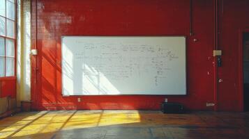 A whiteboard in a red room with a window photo