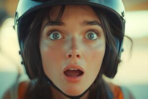 A woman wearing a helmet with a surprised expression photo