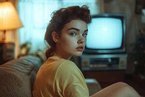 A woman sitting on a couch in front of a television photo