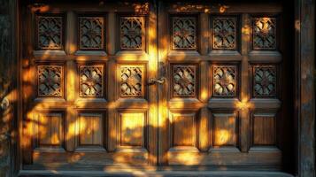 A wooden door with a clock on it photo