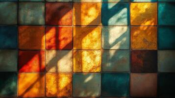 Colorful tiles on a wall with sunlight shining through photo