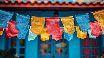 Colorful paper flags hanging from a blue building photo